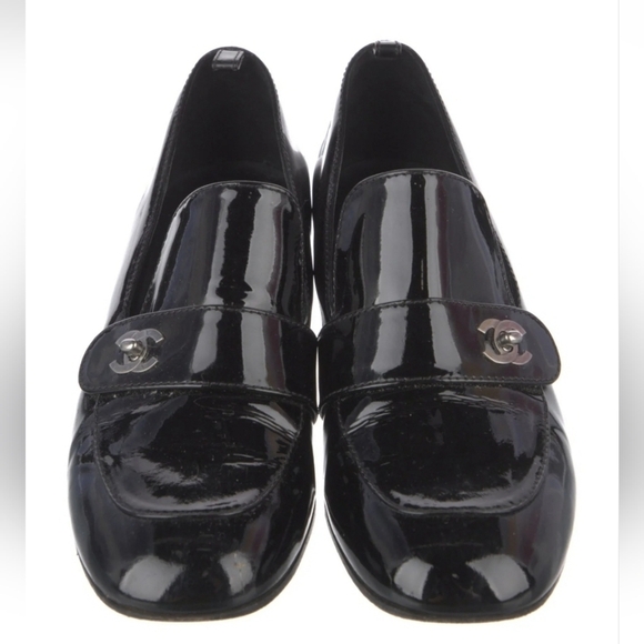 CHANEL Shoes - Chanel Black Patent Leather CC Turnlock Loafers Size 38